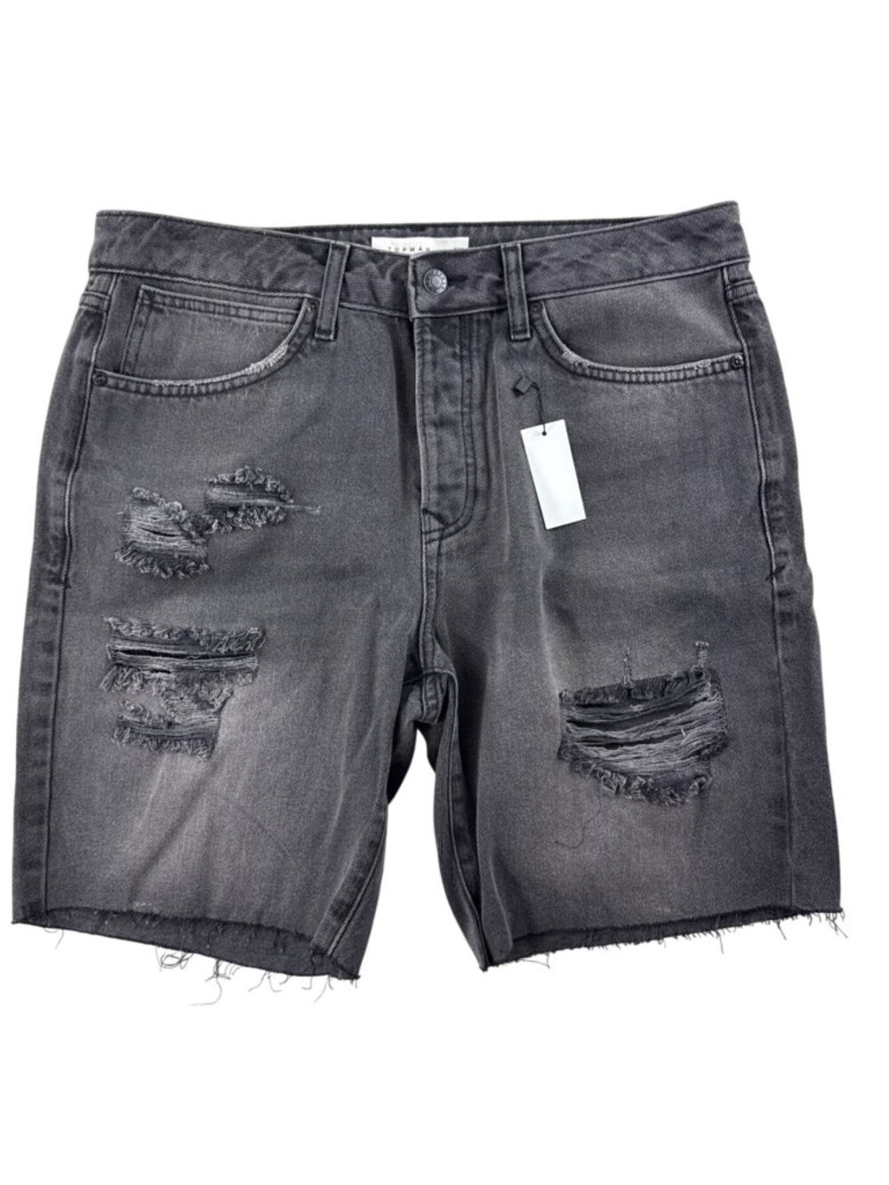 Topman Men's W31 Distressed Denim Shorts Gray Black Ripped Raw Hem NWT Jean